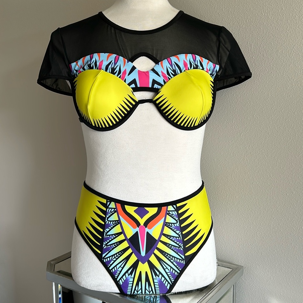 Unbranded African Print Bikini Swimsuit - Size XL Colorful Mesh Cutout High Cut